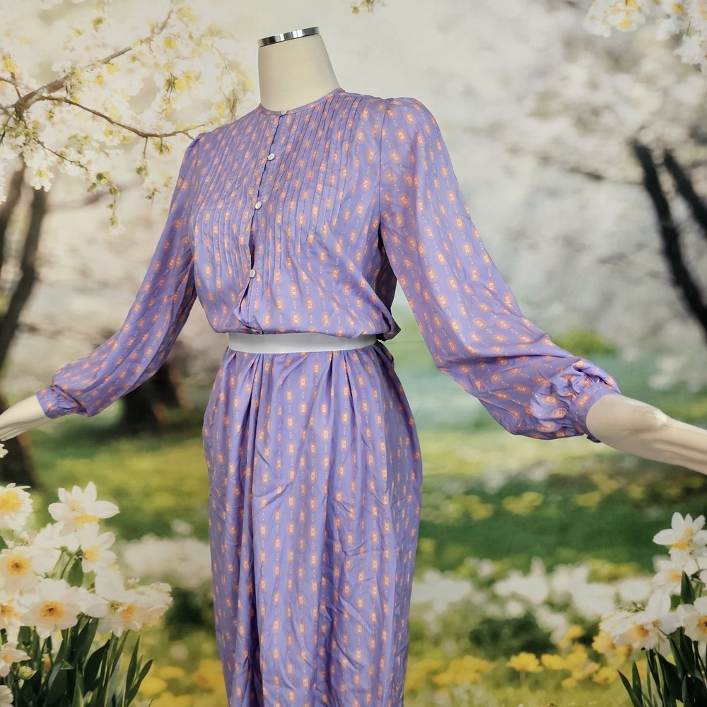 Vintage 1980's Dress Lilac Purple Print Long Sleeve Silky Retro Button Front‎ - Picture 7 of 12